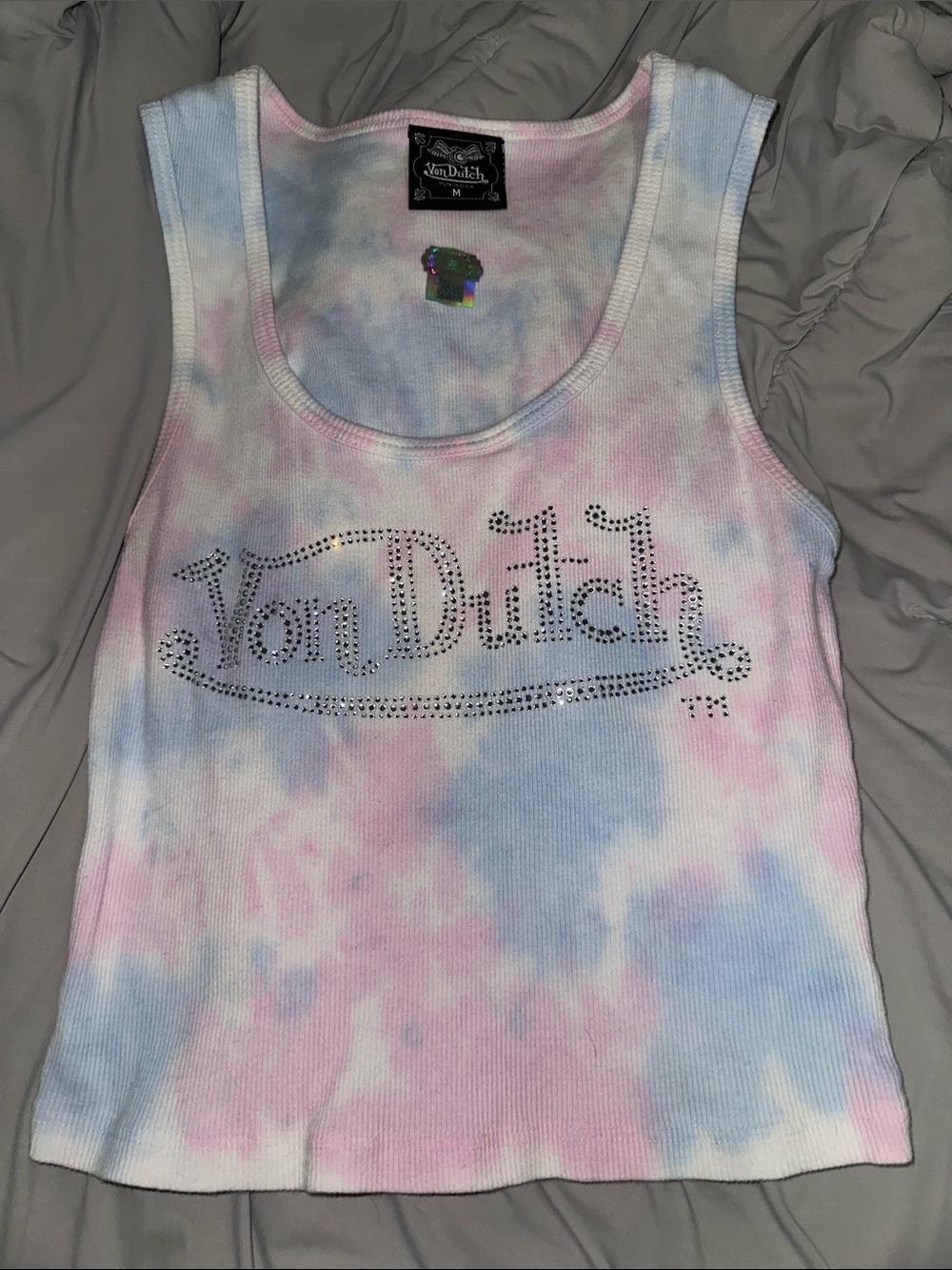 Von Dutch Tie-Dye Rhinestone Tank Top in Pink & Blue
